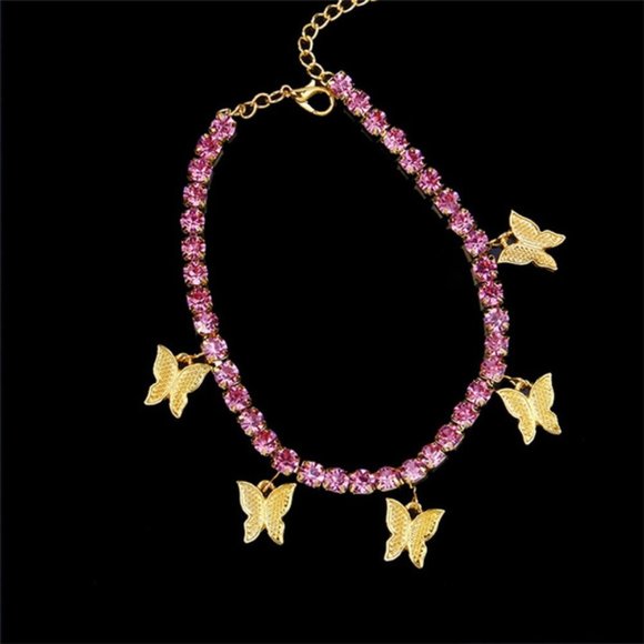 Pink Rhinestone Butterflies Ankle Bracelet - Picture 1 of 3